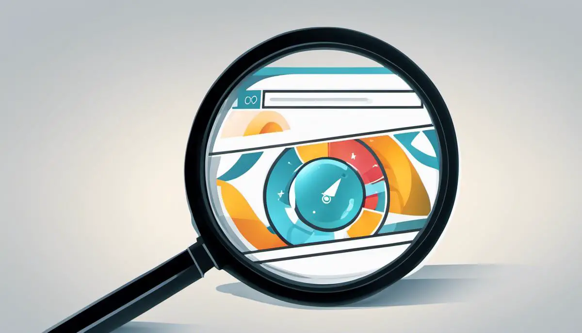 Illustration of a magnifying glass on top of a website, representing the concept of SEO principles for website visibility.